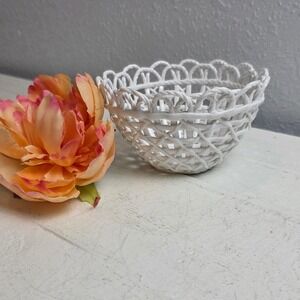 Vintage White Ceramic Open Weave Basket Bowl Decorative Trinket Dish Cottagecore